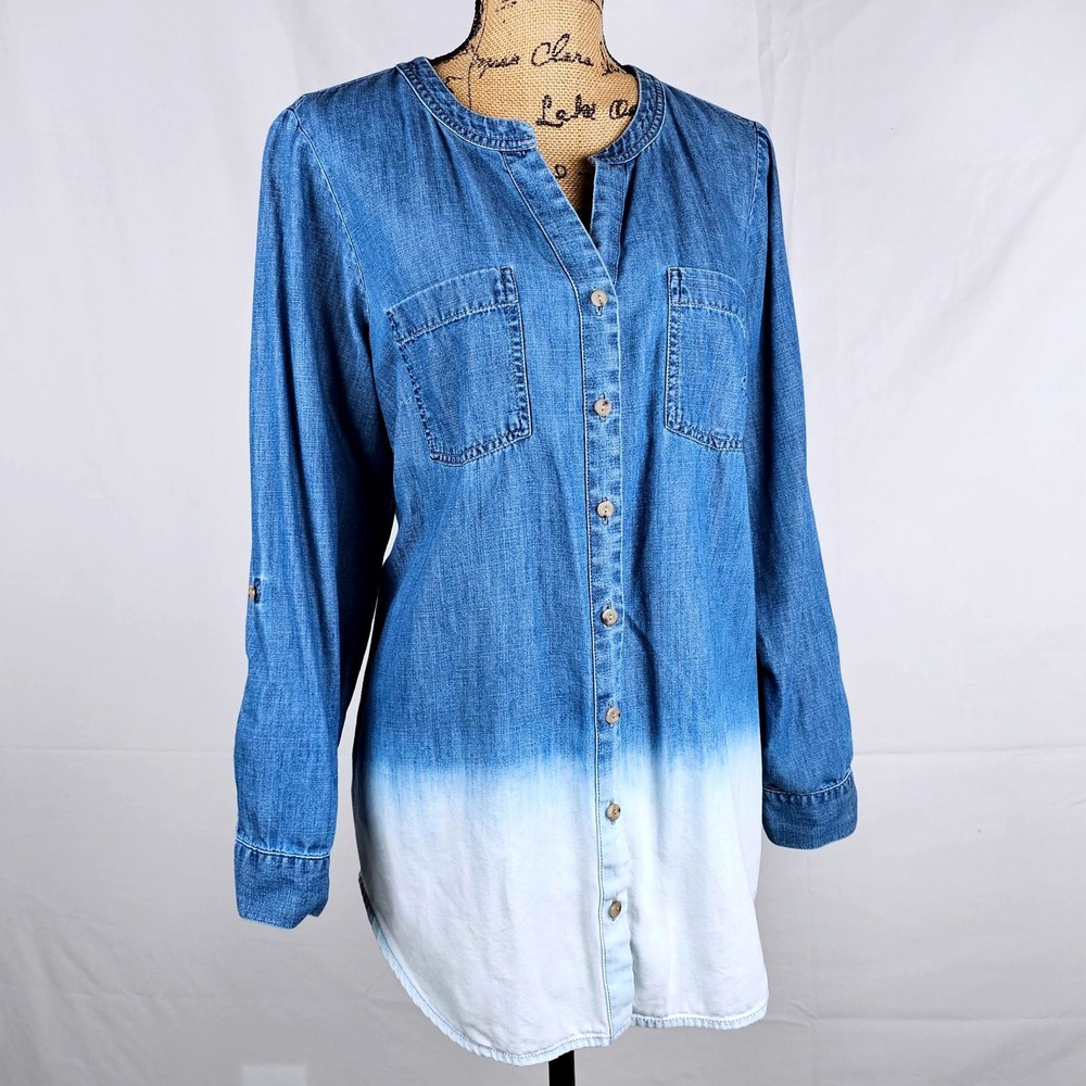 Beautiful J. Jill Denim Shirt Ombre Dip Dye Collarless Button Down Blue White M